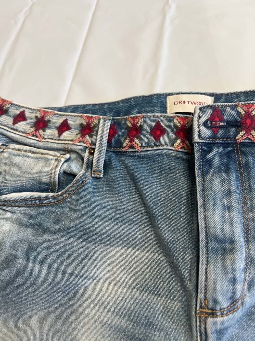DRIFTWOOD Light Blue Denim Shorts with Red Embroidered Trim - Picture 3 of 15